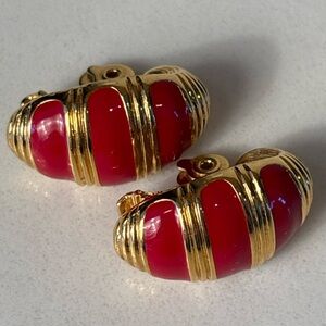 1980s Monet Red Striped Enamel 18k Yellow Gold Plated Clip-On Earrings